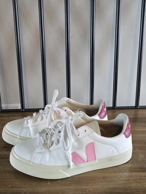 Veja Women's White Leather Campo Sneakers with Pink Accents